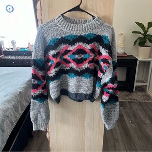 NWOT‎ Free People Gray and Pink Crew Neck Sweater with Geometric Pattern